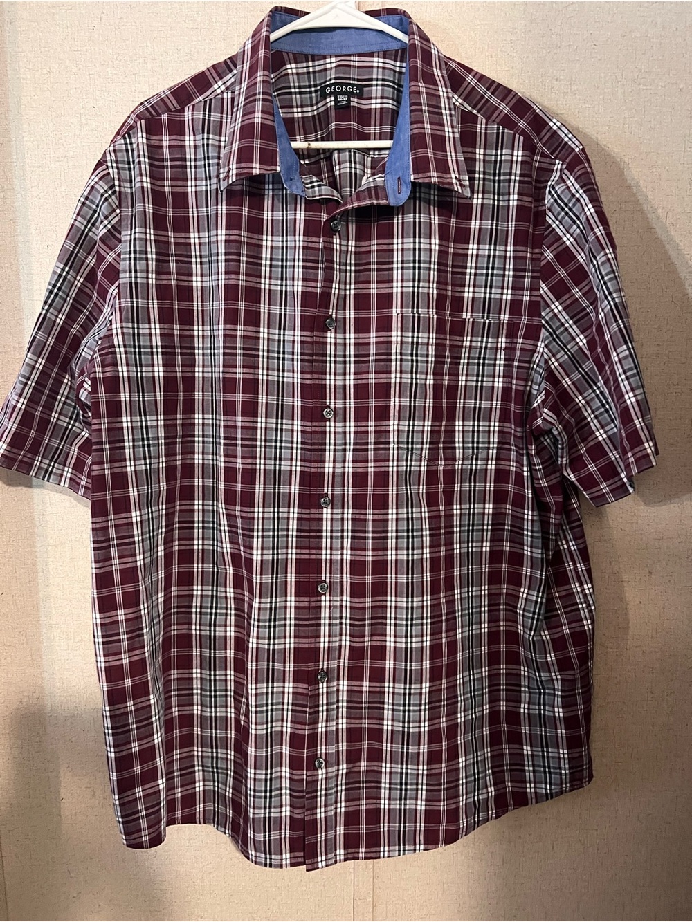 George Men’s Short-Sleeve Plaid Button-Down Shirt - Maroon, White & Black